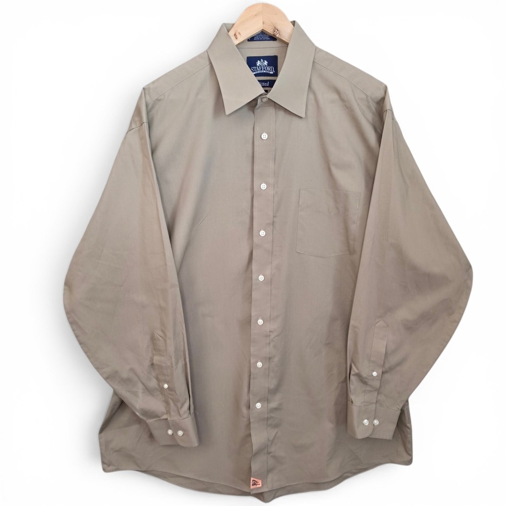 Stafford Dress Shirt Mens 17.5 34/35 Taupe Button Up Fitted Broadcloth Career